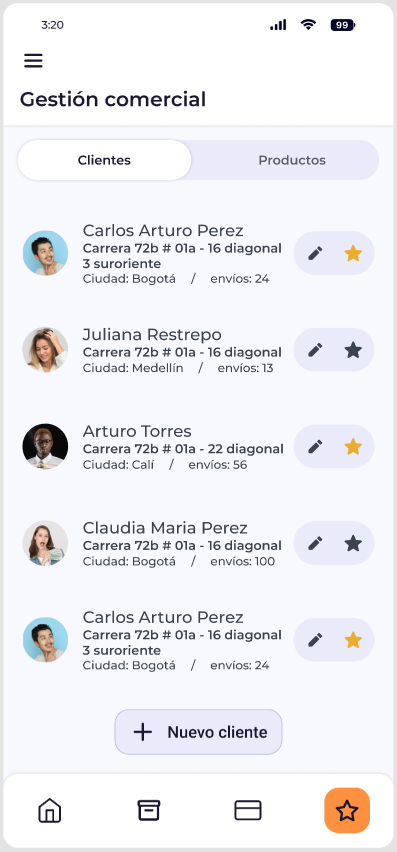 Pantalla móvil de gestión de clientes en el Portal Clientes de Inter Rapidísimo.