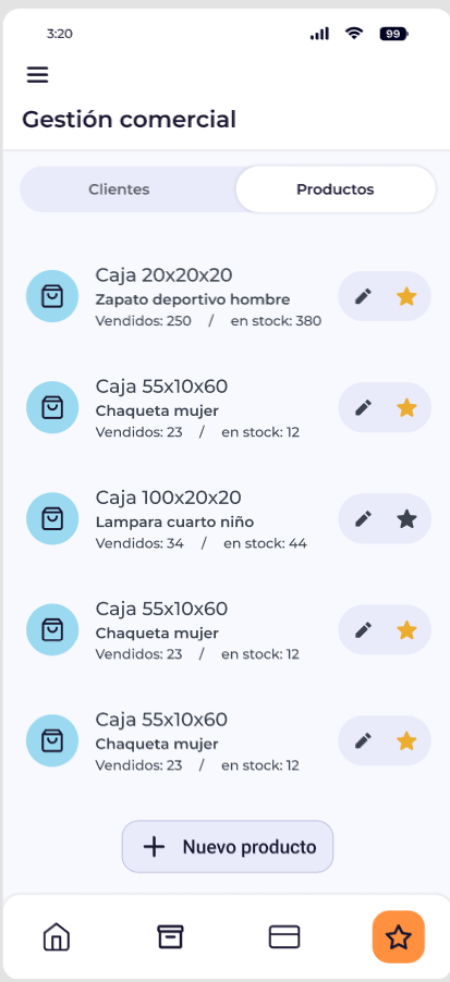 Pantalla móvil de gestión de productos en el Portal Clientes.